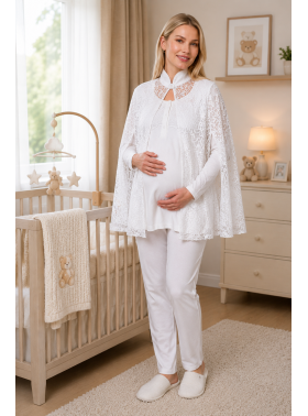 Mecit 6402 Elegant Ekru Dantel Pelerinli Lohusa Pijama Takımı